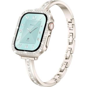 Missair Bands Compatible for Apple Watch Band 40mm 41mm 44mm 45mm with Screen Protector Case, Slim Metal Dressy Jewelry Bracelet Strap with Bling Diamond Cover for iWatch Series 9 8 7 6 5 4 for Women (Starlight)