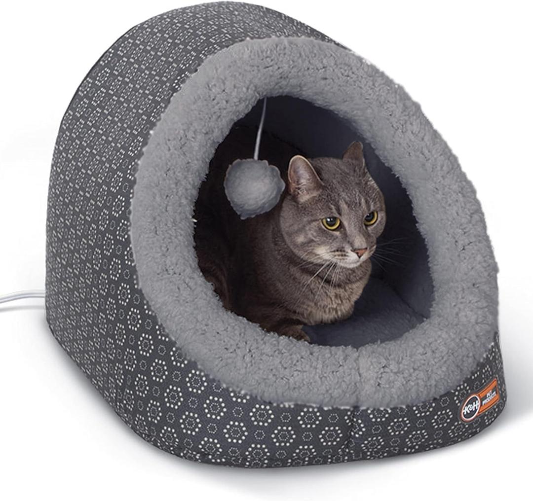 K&H Pet Products Thermo-Pet Cave Heated Cat Bed for Large Cats, Indoor Heated Pet Bed for Dogs & Cats, Covered Cave Pet Tent, Collapsible, Machine Washable, Safety Listed - 17 X 15 X 13in Gray (Gray/Geo Flower)