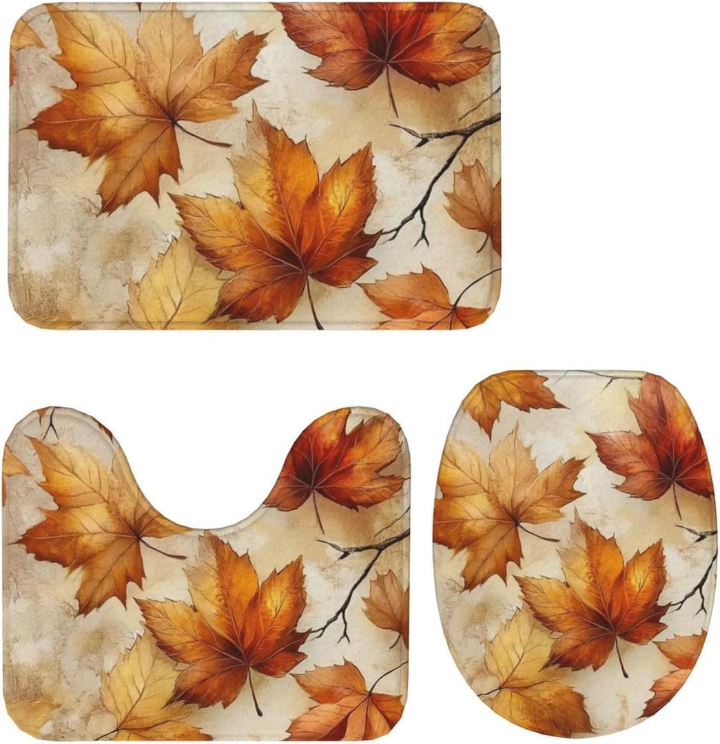 Autumn Maple Leaves Print 3 Piece Bath Mat Set Non-Slip Bathroom Mats Contour Toilet Cover Rug for Tub Shower Room Decor (One Size)