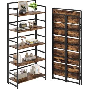 No Assembly Folding Bookshelf, 5 Tiers Collapsible Book Shelf for Home Office, Vintage Wood Foldable Bookcase Storage Organizer for Living Room Bedroom (Rustic Brown)