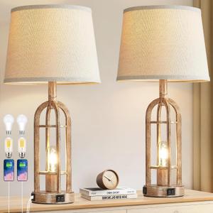 SRJJA Table Lamps for Living Room End Table Set of 2 - Rustic Farmhouse Bedside Lamps for Bedroom Nightstand with Nightlight and USB A+C, 4 Bulbs Included