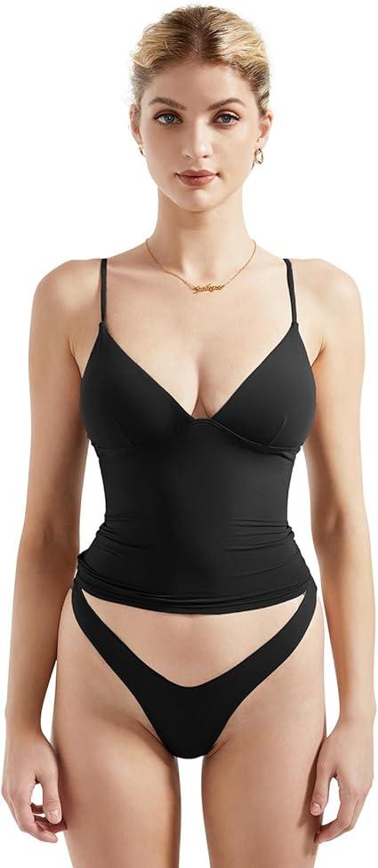 SUUKSESS Women Sexy Deep V Neck Sleeveless Fitted Basic Tops Y2K Tank Top Cami (Black, Small)