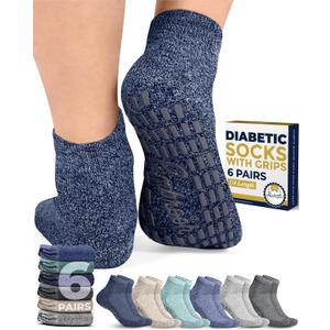 Pembrook 6 Pairs Diabetic Ankle Socks for Men & Women with Grips - 12 Colors Neuropathy Socks for Men | Non Slip | Edema (Large, Blues & Neutrals Pack - 6 Pairs)