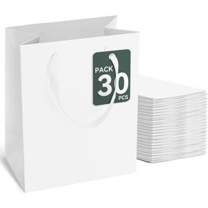 GEGIBOA White Gift Bags With Handles 30 Pcs, 8x5x10 Inch Sturdy Kraft Paper Gift Bags, Bulk for Wedding, Party, Birthday, Business and Shopping, Medium Size