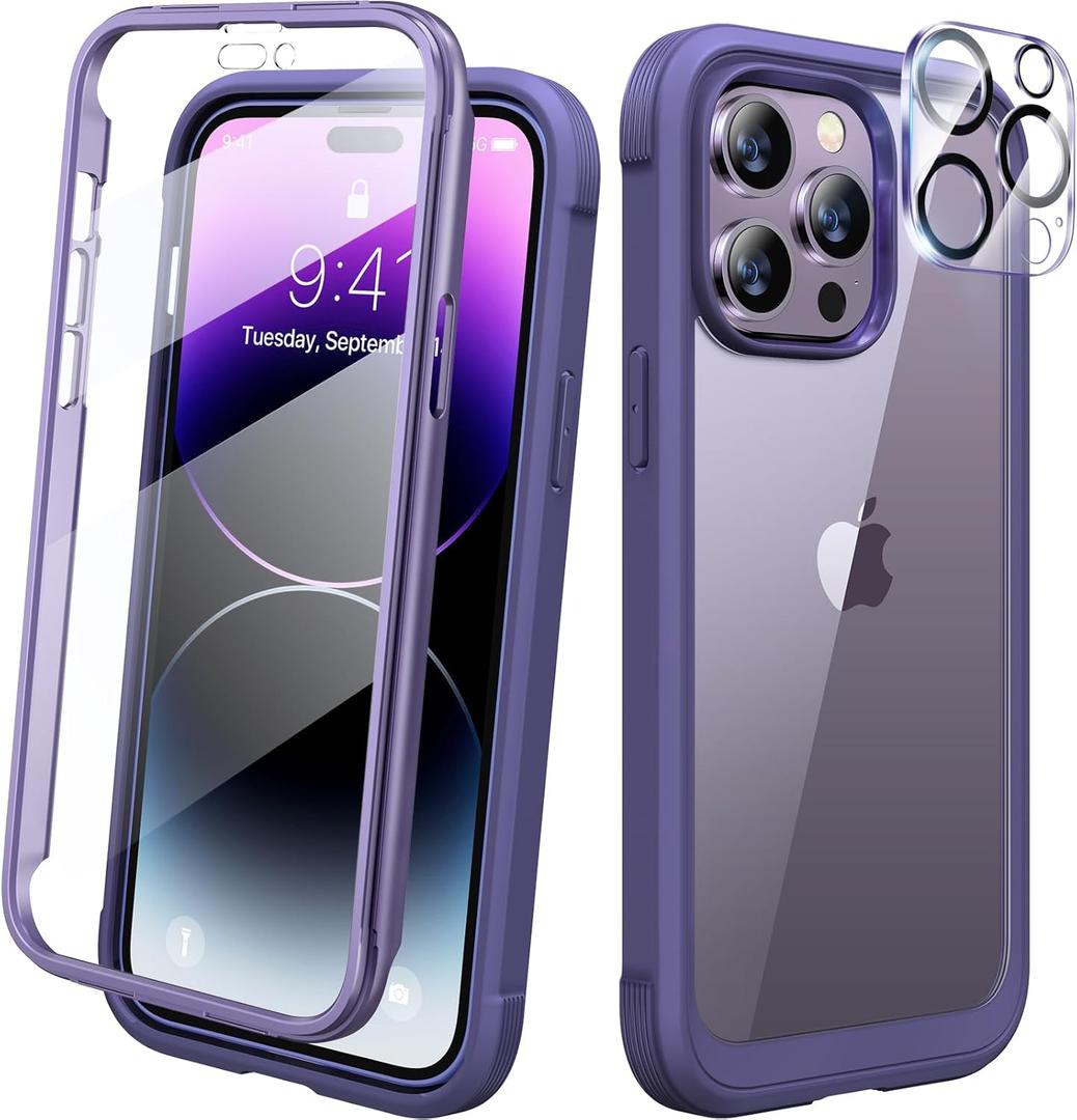 Diaclara Designed for iPhone 14 Pro Case 6.1, Full Body Rugged Protective Case+ Camera Lens Protector w/Built-in Touch Sensitive Anti-Scratch Screen Protector, Bumper (Royal Purple)