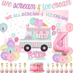 4th Ice Cream Birthday Party Decor We All Scream 4 Ice Cream Birthday Party Decor with We All Scream 4 Ice-Creams Backdrop Banner Cake Topper Sweet Summer Party Favors for 4th Girl