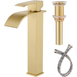 Vessel Sink Faucet, Gold Bathroom Faucet Single Hole with Supply Hose and Pop Up Drain, Single Handle Waterfall Faucet for Bowl Sink, 1 Hole Vanity Faucet