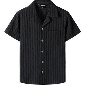 JOGAL Big Boys Cuban Collar Button Down Shirt Short Sleeve Casual Hawaiian Shirt Summer Beach Striped Tops for 6-14 Years Old (11-12 Years, Black)