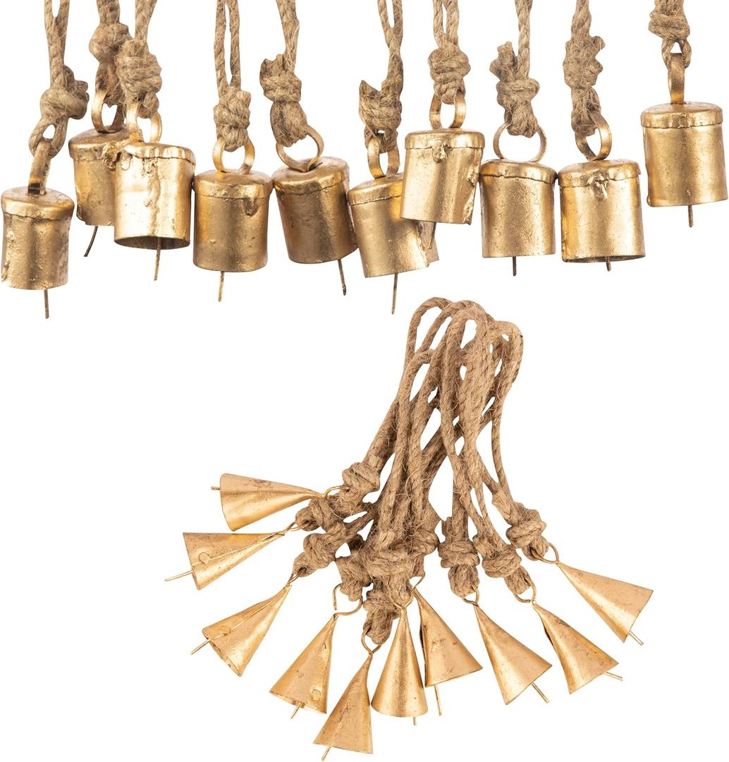 JYPR 20 Pc Vintage Rustic Metal Cow Bells for Christmas Decor - Antique Handmade 4 cm Gold Bells, Witch Bells - Unique Old Look Xmas Decoration