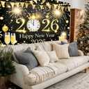 Black Gold Happy New Year 2026 Backdrop Banner 8x6ft Fireworks Clock Champagne Banner Golden Party Decoration Photography Background for Indoor Outdoor Celebration
