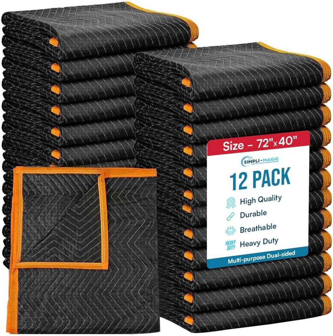Simpli-Magic Heavy Duty Padded Moving Blankets 72" x 40" 12 Pack Packing Blankets, Furniture Covers for Moving, Black/Orange