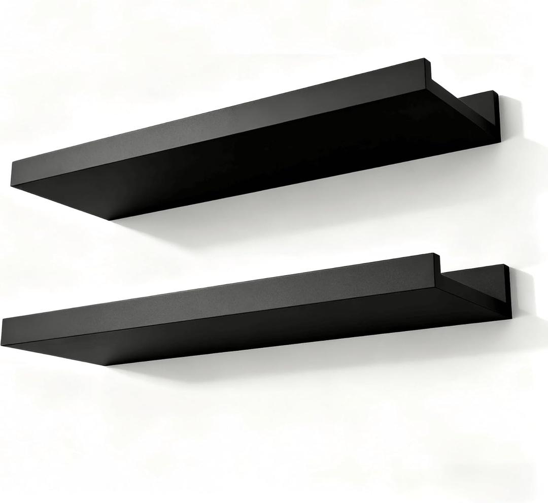 Black Floating Shelves for Wall Decor, Wall Mounted Wood Storage Shelf for Bedroom, Living Room, Bathroom, Kitchen, Nursery, Display Picture Ledge Shelf with Lip Set of 2-14 Inches, Black