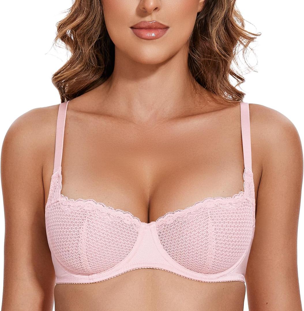 Wingslove Women's Sexy Lace Bra Mesh Balconette See Through Bralette Half Cup Sheer Bras Unlined Underwire Suppport (L)