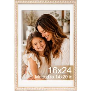 Solid Wood 16x24 Picture Frame Beaded Frame with 14x20 Mat, Rustic Vintage 16 by 24 Photo Frame Matted with Plexiglass for Wall Display, Rustic White