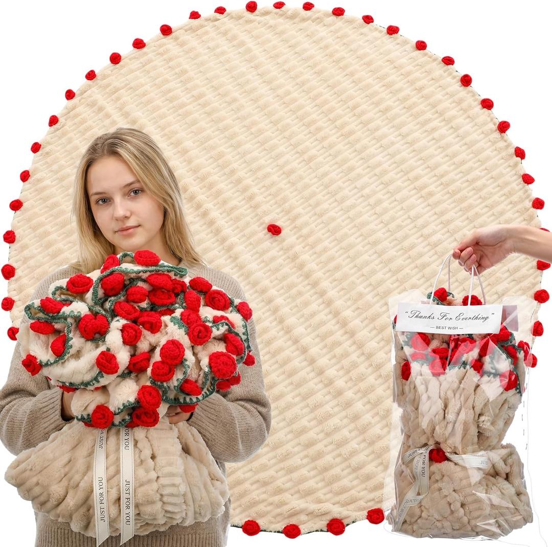 59 Inch Crochet Flowers Bouquet Rose Blanket with Gift Bag Handmade Knitted Throw Blanket Soft Lightweight Romantic Gifts for Valentines, Mother's Day, Birthday, Wedding(Red)