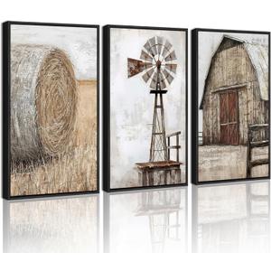 Drsoum Farmhouse Wall Art Vintage Rustic Windmill Barn Cornfield Pictures Framed Painting Landscape Countryside Rural Canvas Artwork Home Decor Ready to Hang 16x24in - Black Framed