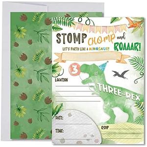 Pack Of 2 Dinosaur Birthday Invitations for Boy Age 3, Three-Rex Party Decoration and Supplies, 20 Fill-In Invites + Envelopes