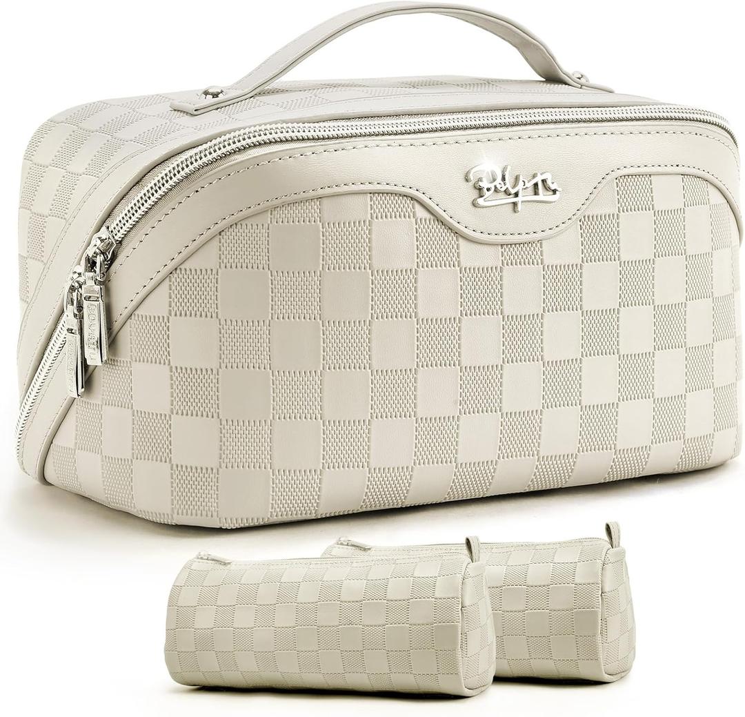 BOYATU Travel Makeup Bag Organizer: 3 Pcs Set Large Capacity Cosmetic Bags Holds 1020 100ml Full-Size Bottles - 180Open-Flat Make up Case 3-sec touch-up - Toiletry Bag Gift women (01-D-Beige)
