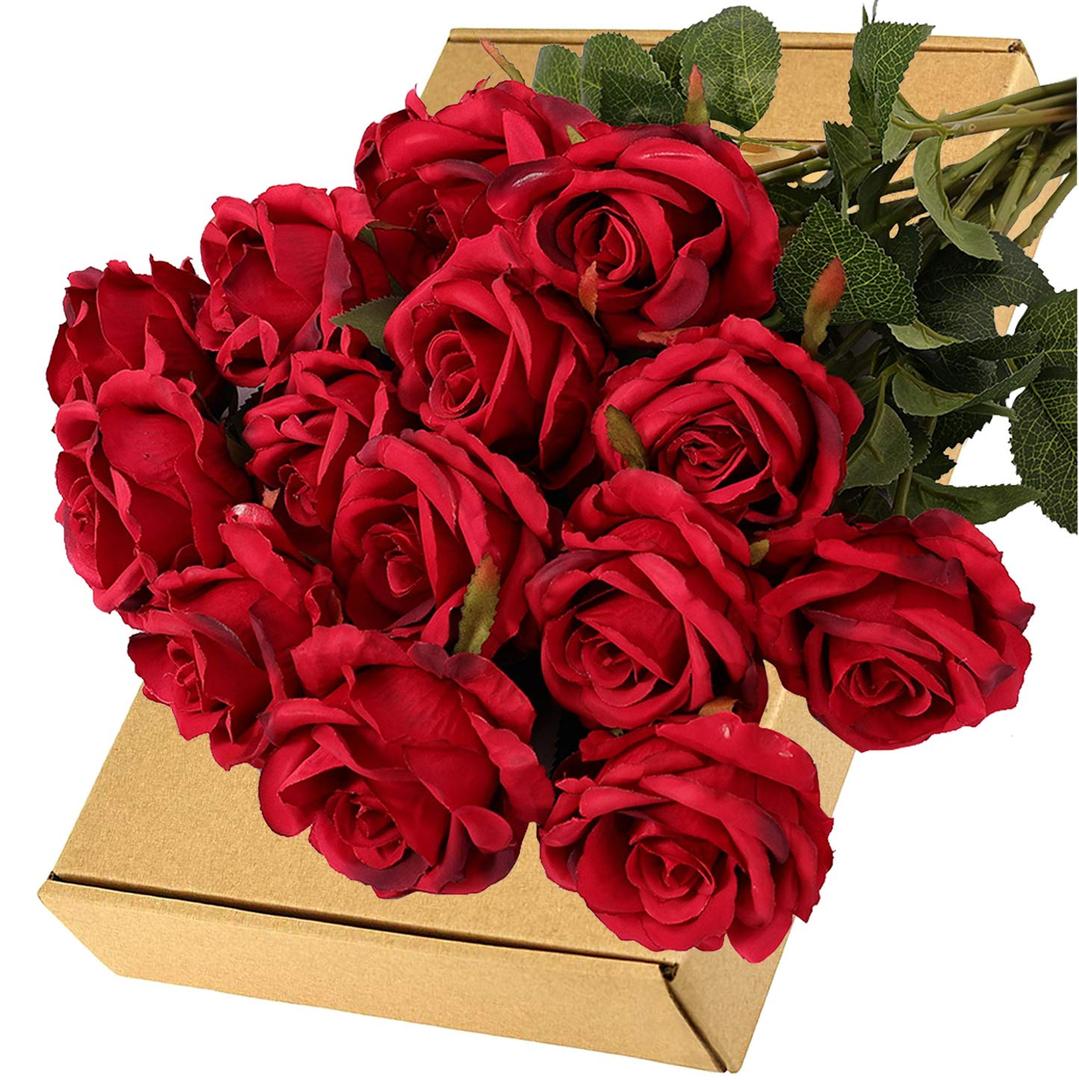 15pcs Artificial Rose Silk Flowers Long Stems Single Fake Flowers Bride Bouquet Realistic Touch Blossom Arrangement Home Office Party Living Room Décor(Red)