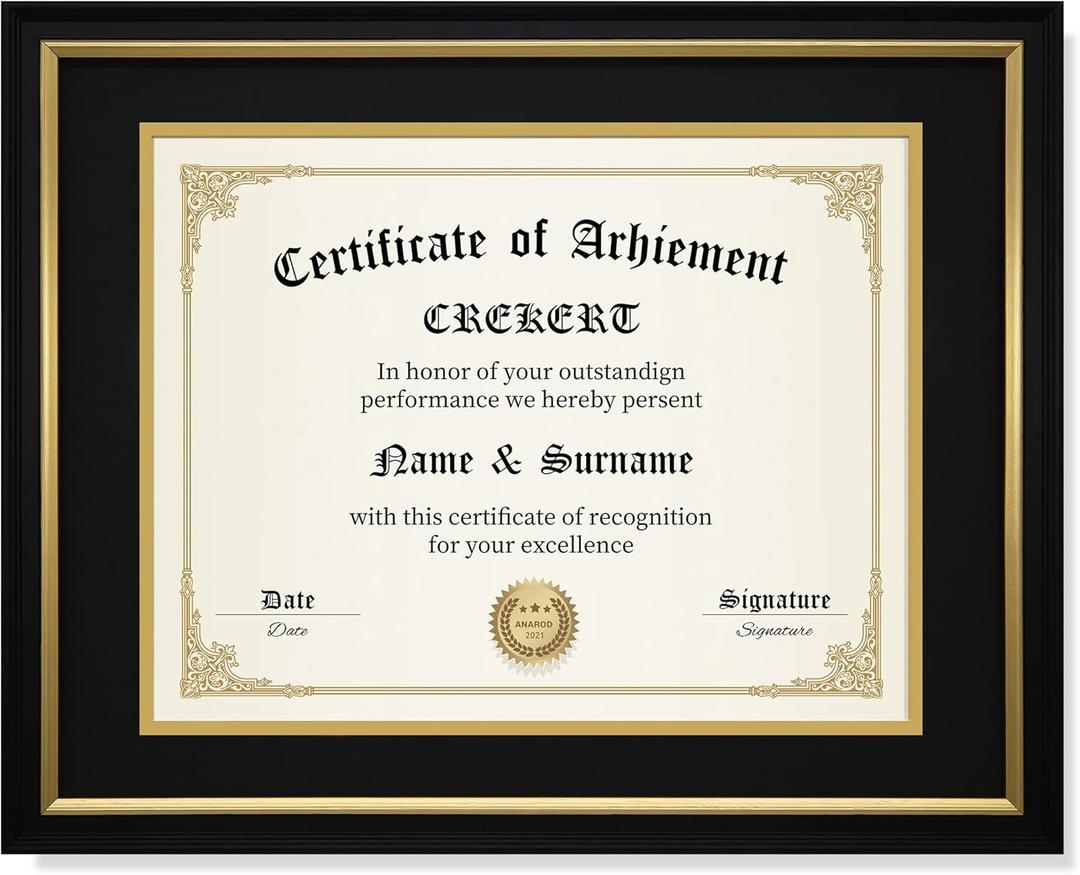 CREKERT Diploma Frame 11x14 Degree Frame Solid Wood Shatter-Resistant Glass for Documents Certificate Blackgold Frame 8.5x11 with Mat (Black Mat, 1 Pack) (11x14 inch, Black + Goldem Rim)