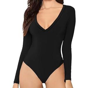 BONITEE Women Sexy Deep V Neck Bodysuit Casual Long Sleeve Bodysuits Slim Fit Thong Clothes, Size: XL