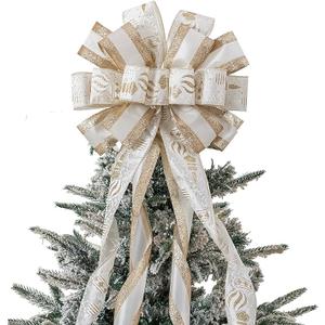 Christmas Tree Topper, 40x13 Inches Toppers Bow with Glitter Satin Mesh Streamer and Patterned Ribbon, Christmas Tree Topper Bow for Christmas Home Decoration (White Golden)