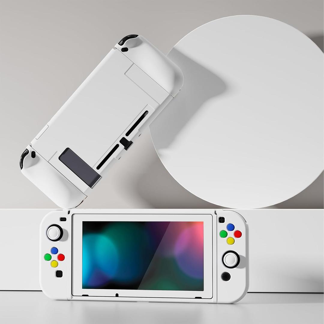 PlayVital ZealProtect Soft Protective Case for Nintendo Switch, Flexible Joycon Cover Slim Cover for Nintendo Switch with Screen Protector & Thumb Grips & Direction Button Caps  White