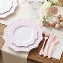 COLOSUS 150pcs Disposable Pink and White Stripped Plastic Plates and Silverware set, Light Pink Dinner/Dessert Plates silverware serve 30guests for Easter Day, Wedding Party and Daily use.
