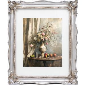 Saysmile 11x14 Vintage Picture Frame with Embossed Flower Design, Silver Ornate Frame for 11x14 or 8x10 Pictures with White Mat, Hand-Crafted Resin Antique Baroque Frames with Hook for Wall Mounting Display(Silver)