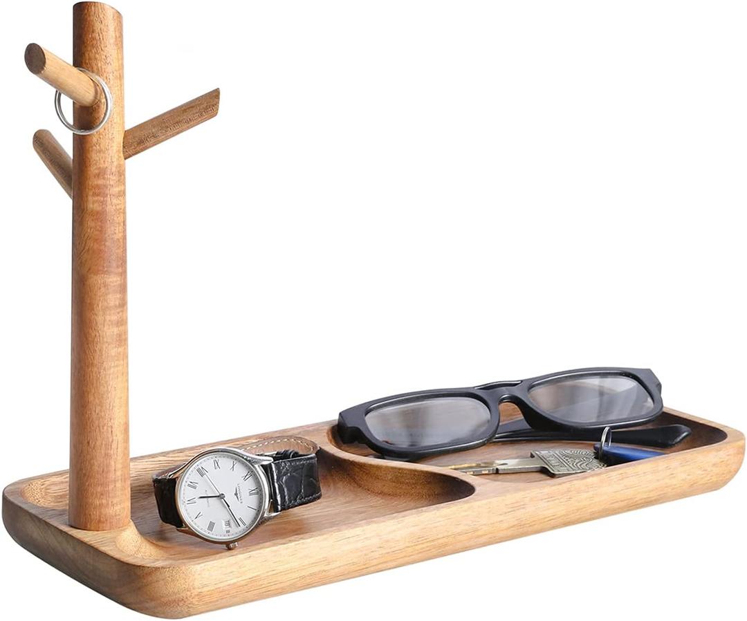 Wood Key Tray for Entryway Table, Jewelry Tray, Catchall Tray with 3 Stand Hanging Organizer, for Rings, Phone, Bracelets Watches