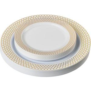 PLASTICPRO 32 Pack Elegant Disposable Plastic Plates Combo Set Includes 16 Dinner Plates and 16 Salad Plates Heavy Duty Fancy Party Plates White & Gold Honeycomb Design