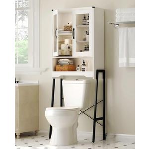Over The Toilet Storage Cabinet with Tempered Glass Doors & Metal Stand, Over Toilet Organizer with Adjustable Shelf Space Saver Over Toilet , Tall Freestanding Shelf/Rack for Bathroom, Modern, White