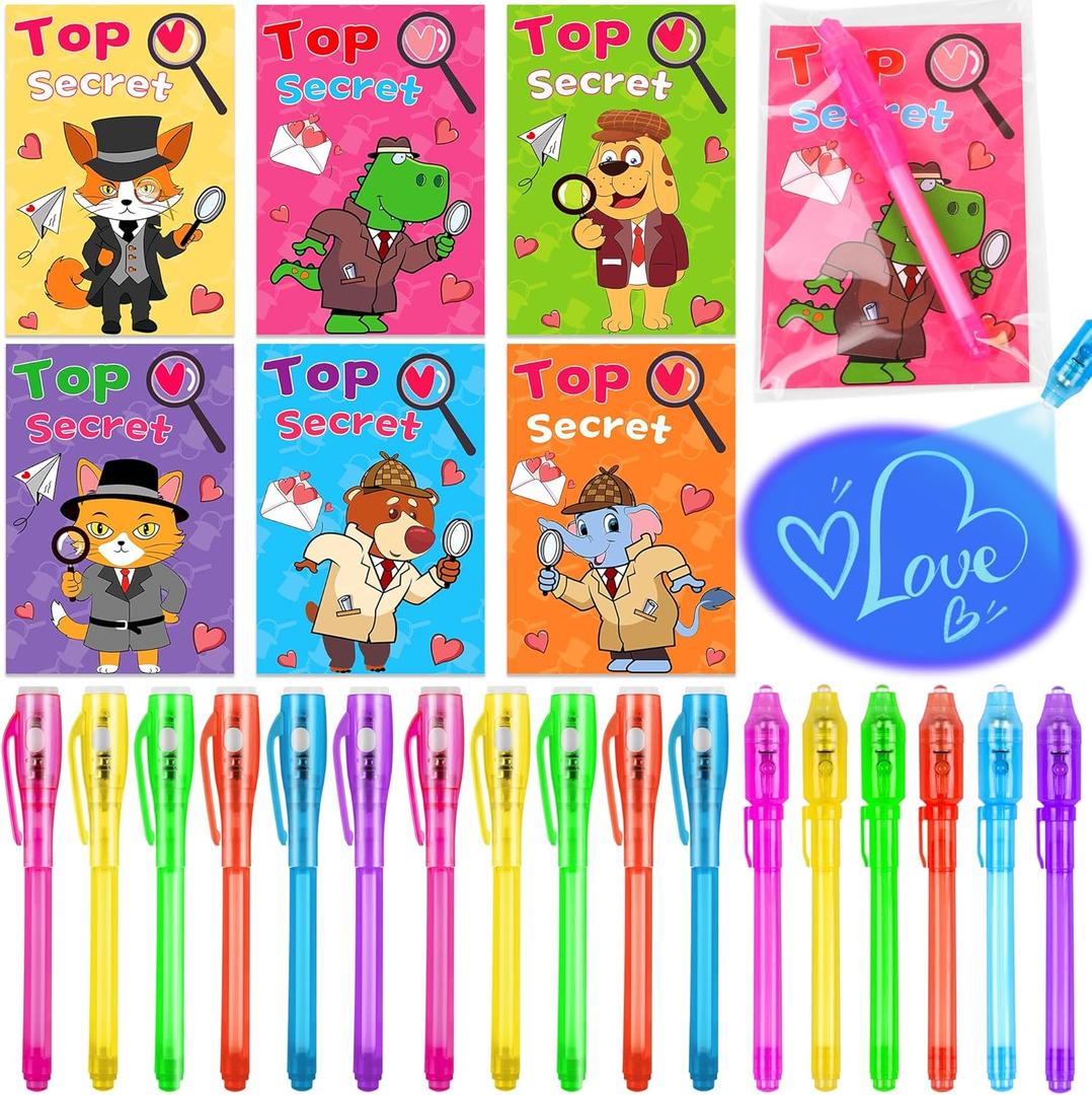 24 Pack Valentines Day Gifts for Kids Classroom LED Invisible Ink Pen with Valentines Cards for Kids School, Spy Pen Magic Gifts Valentines for Class Exchange Cards Prizes Party Favors for Boys Girls