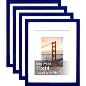 KINLINK 11x14 Picture Frame Navy, Solid Wood Frames with Acrylic Plexiglass for Pictures 5x7/8x10 with Mat or 11x14 without Mat, Tabletop and Wall Mounting Display, Set of 4