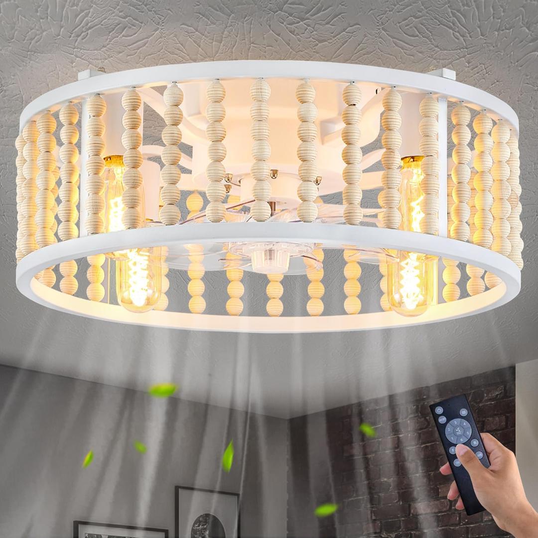 Boho Caged Ceiling Fans with Lights, 18.5'' Farmhouse Low Profile Ceiling Fan with 6 Speeds, White Bohemian Flush Mount Ceiling Fan with Remote, Wooden Beads Fandelier Ceiling fan for Bedroom, Kitchen