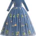 IBTOM CASTLE Flower Girl Dress Long Sleeve Velvet Floral Embroidery Tulle Tutu Dresses Fall Winter Wedding Formal Ball Gown (Blue)