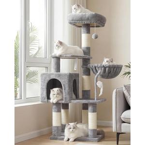 Heybly Cat Tree with Toy, Cat Tower Condo for Indoor Cats, Cat House with Padded Plush Perch, Cozy Hammock and Sisal Scratching Posts, Light Gray HCT004SW