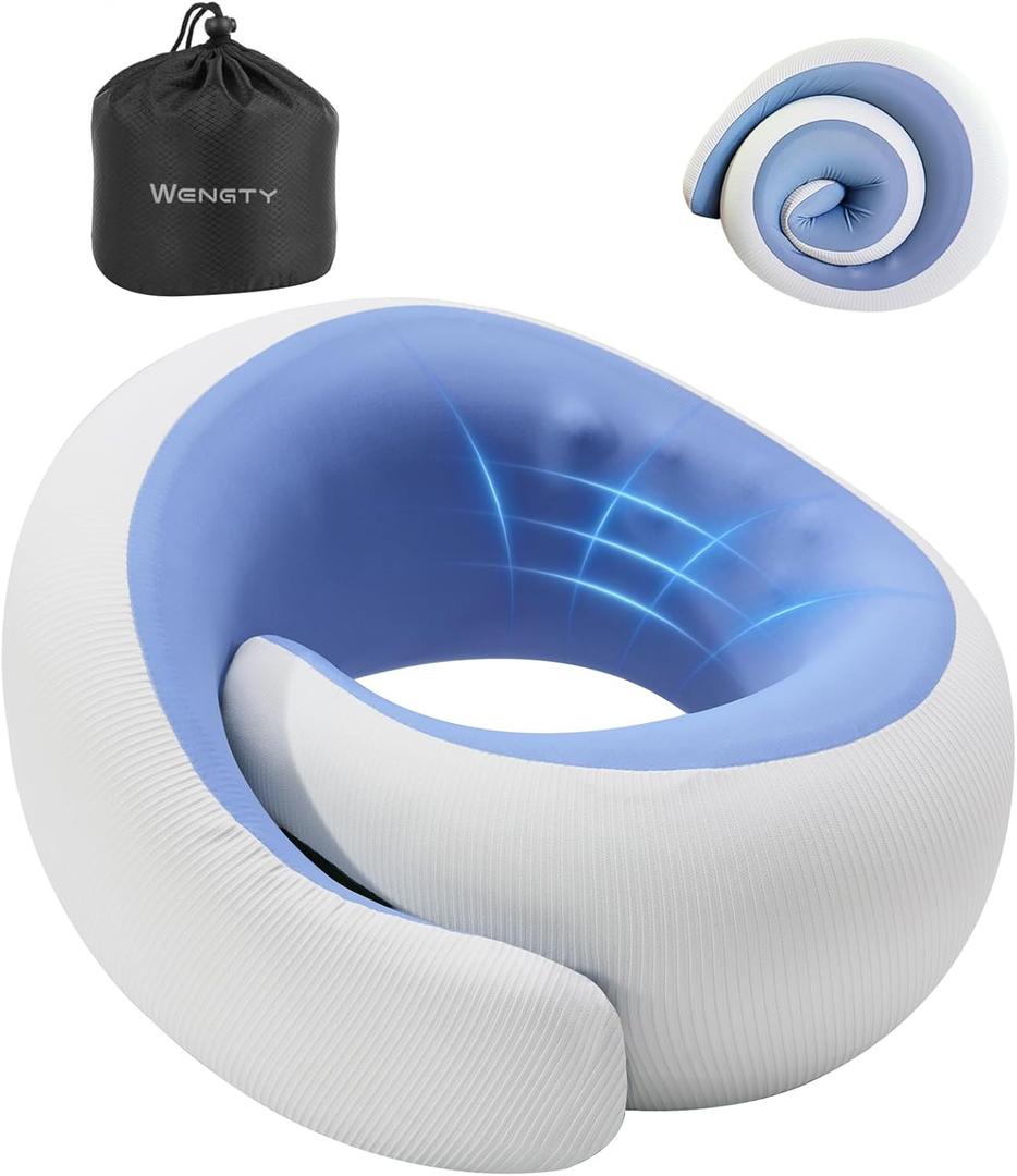 WENGTY Travel Neck Pillow, Airplane Travel Neck Pillow, Cooling Fabric, 100% Pure Memory Foam for Neck Pain Relief, Ergonomic Support for Long Flight (Blue, Standard Size-(Broad Fit))