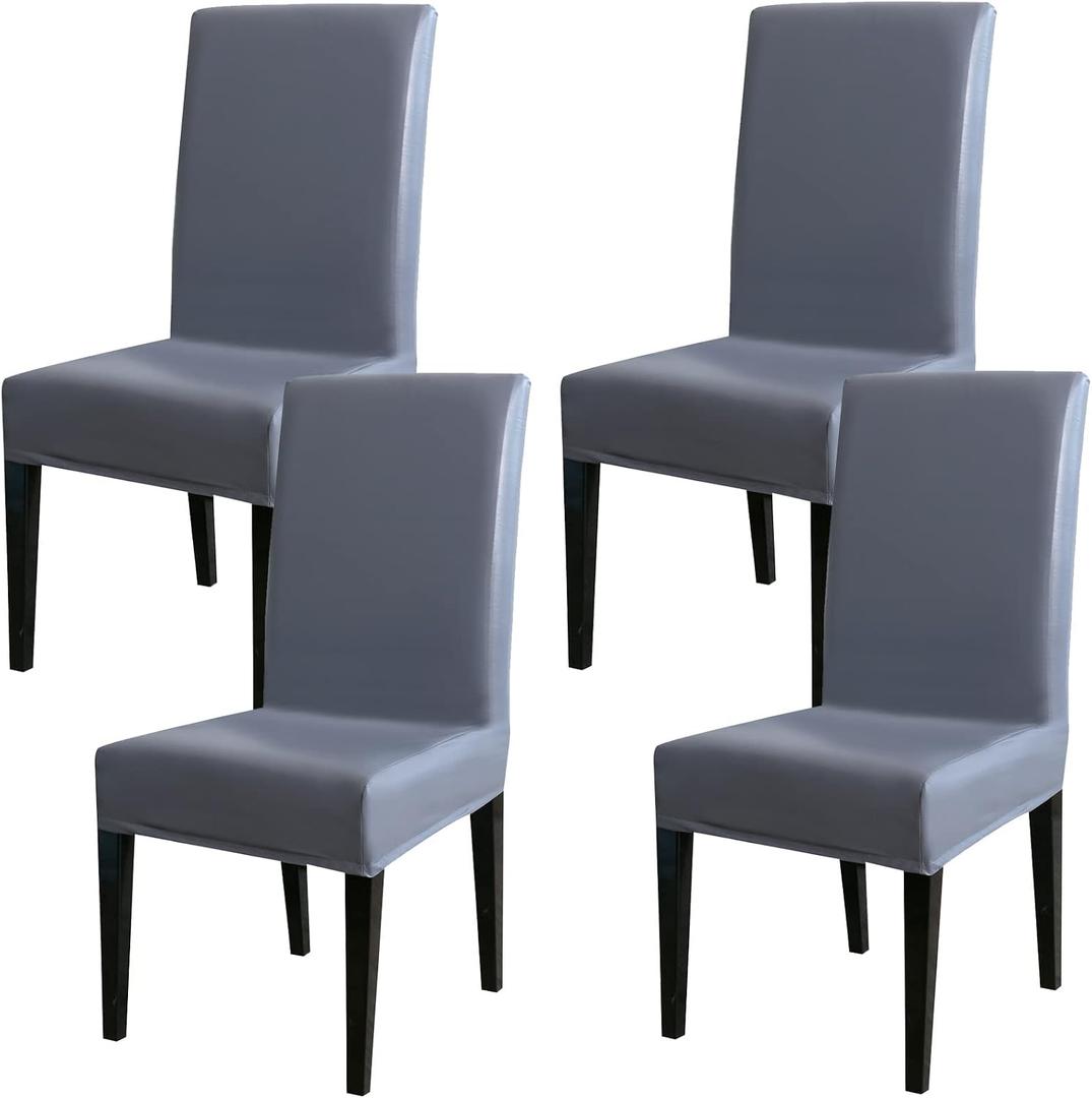 Qubjus Dining Chair Covers, Solid Pu Leather Waterproof Oilproof Stretch Dining Chair Protector Cover Slipcover (Grey, 4 Pack)