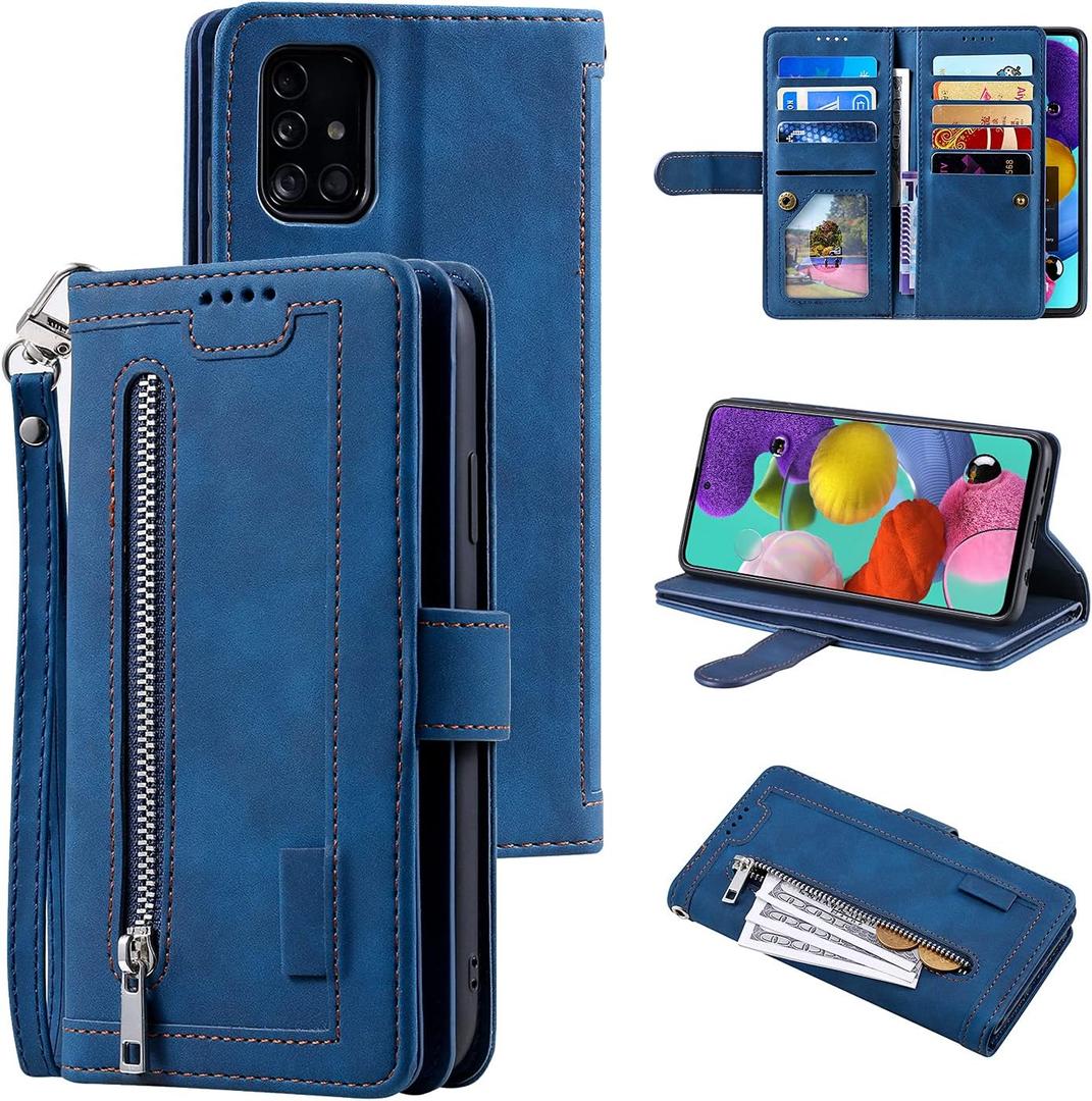 UEEBAI Wallet Case for Samsung Galaxy A52 4G/5G A52S 5G, Retro 9 Card Holder Slots Zipper Pocket Handbag Case PU Leather Magnetic Closure Kickstand with Wrist Strap TPU Shockproof Flip Case - Blue