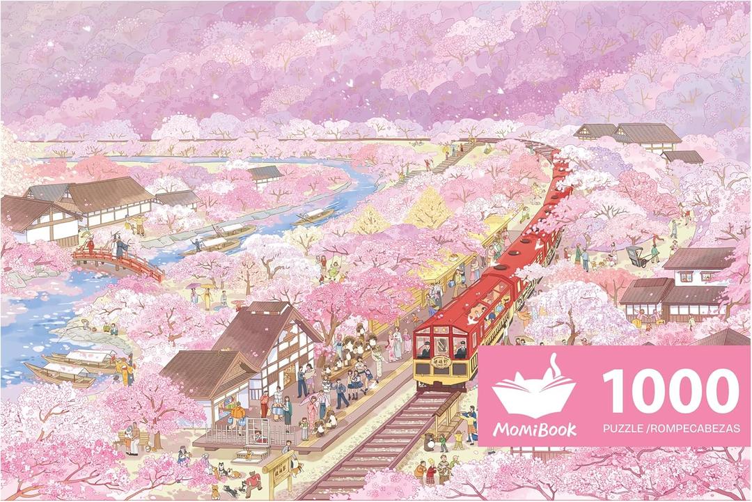 MOMIBOOK Puzzles for Adults 1000 Piece Jigsaw Puzzles of Arashiyama Sakura Tour, Painting Image Cherry Blossom Difficult Challenging Hard Impossible Puzzle Toys & Games Christmas Birthday Gifts (Horizontal 1000 Pcs)