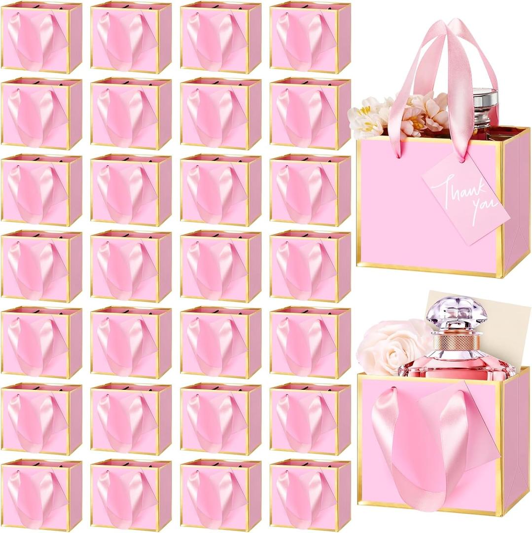 Yeaqee 50 Pcs Mini Metallic Gift Bags with Handles 4x4.75x2.25'' Tiny Thank You Favor Bag with Tag for Women's Day St. Patrick's Wedding Spring Easter Welcome Baby Shower Birthday (Pink,Gold)