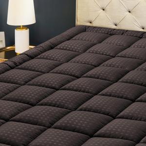 HYLEORY Full XL Mattress Pad Quilted Fitted Mattress Protector Cooling Pillow Top Mattress Cover Breathable Fluffy Soft Mattress Topper with 8-21" Deep Pocket, Brown