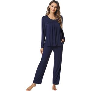 NACHILA Pajamas for Women Long Sleeve Sleepwear Comfy Pants Pajama Set Pleated Pjs with Pocket,Viscose Made from Bamboo, Size Medium