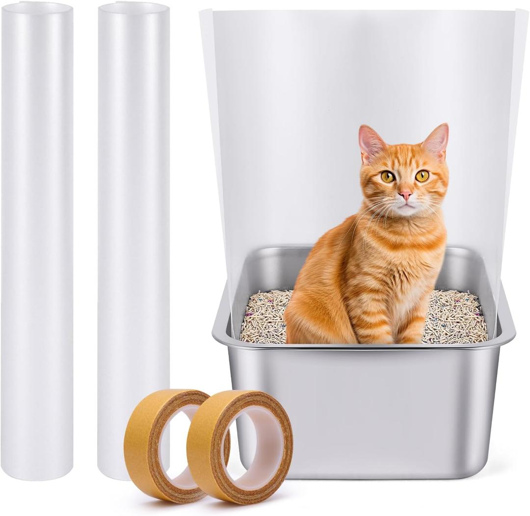 Cat Litter Box Pee Shields, One-Piece Seamless, Cuttable 70.8'' x 15.8'' Oversized Panel, Transparent, Easy to Clean, 16.4ft Super Tape (2PC) Roll It The Opposite Way Before Use