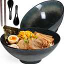 40 oz Ceramic Ramen Bowl Set of 2, Ramen Noodle Bowl with Spoons and Chopsticks 8 Inch Japanese Retro Style Large Soup, Pho, Udon Bowls, Microwave & Dishwasher Safe, Black
