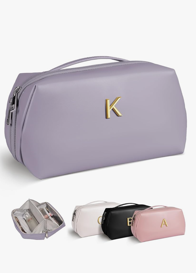 Bridesmaid Proposal Gifts, Cosmetic Bag with Initial, Popular Bridal Shower Gifts, Bachelorette Gifts from Bride, Makeup Bag with Letter, Wide Open Toiletry Bag, Travel Gifts for Women Teen Girl
