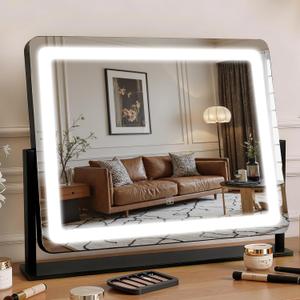 Vanity Mirror with Lights 22"×17", Large LED Makeup Mirror with Light, Smart Touch with 3-Color Lighting, Dimmable, 360° Rotation, Desk Mirror, Vanity Mirror Tabletop (Black)