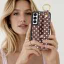 Petitian for Samsung Galaxy S21 Fe Wallet Stand Case - Women Girls Cute Girly Aesthetic Unique Design Leather Credit Card Holder Cardholder Stand Wristband for Galaxy S21 Fe, Brown Polka
