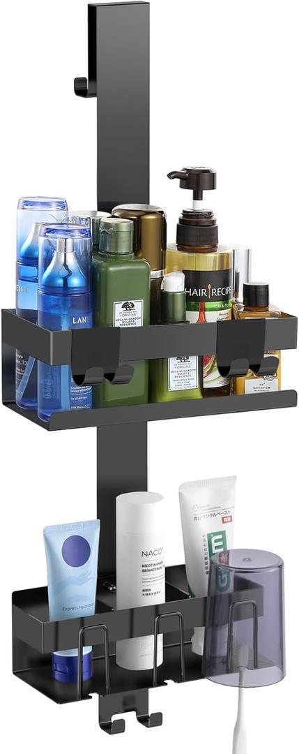 Over The Door Shower Caddy 2 Tier, 304 Stainless Steel Hanging Shower Caddy Rustproof Shower Shelves, No Drilling Hanging Shower Organizer for Bathroom Glass Door, Black